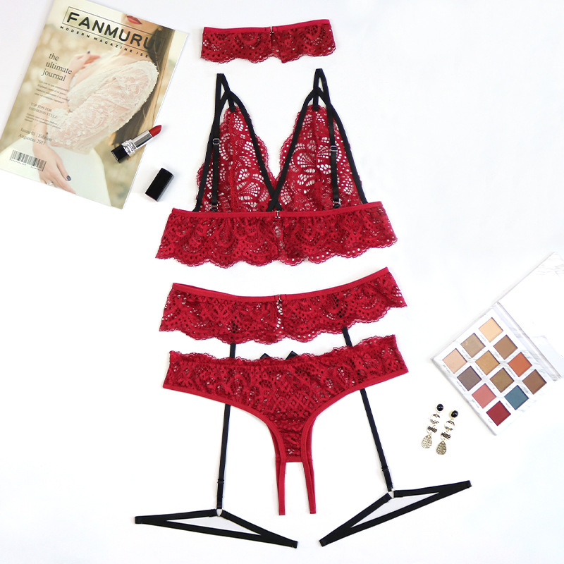 2020年夏季新款欧美性感三点式蕾丝吊带开档诱惑四件套情趣内衣