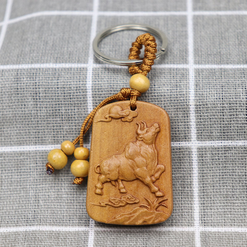 桃木雕生肖牛车钥匙扣木质扭转乾坤金钱牛礼品挂件旅游纪念品吊坠