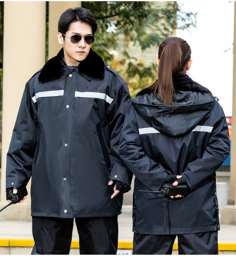 冬季保安大衣羊绒保暖防寒服执勤棉大衣勤务劳保加厚藏青墨绿棉服