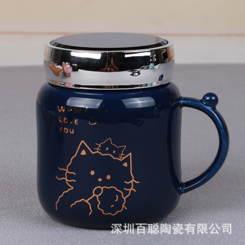 Ceramic Cup with Cover Spoon Mirror Vacuum Cup Cute Cartoon Mug Creative Couple Office Cup Gift Customization