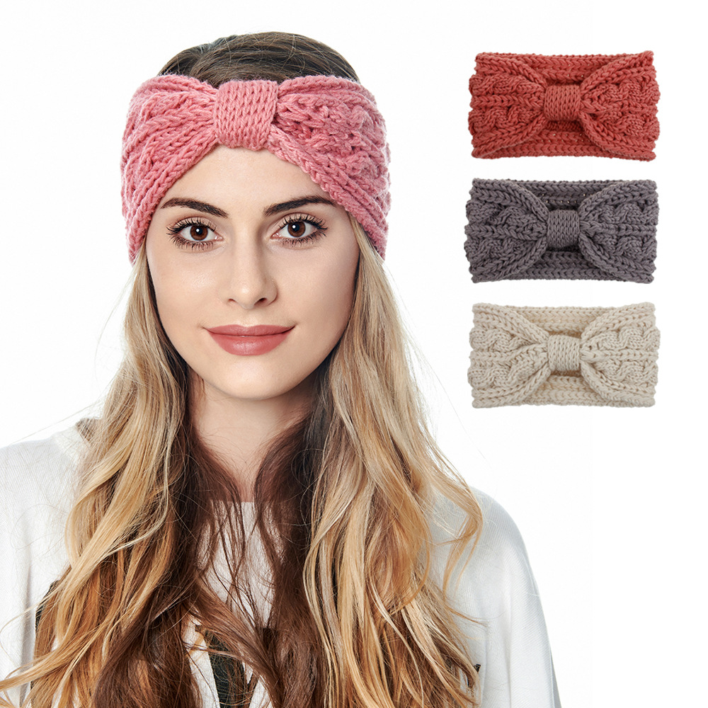 毛线发带女士 秋冬欧美新款针织发带发箍双八字户外保暖护耳头带