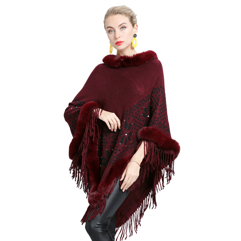 1643# Autumn and Winter Socialite Flower Jacquard Fur Collar Women's Knitted Coat Warm Tassel Female Shawl Cape