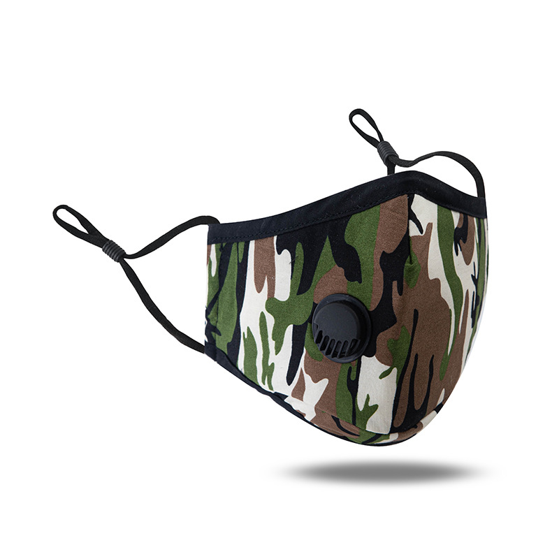 跨境外贸男女防尘透气迷彩呼吸阀口罩可调节耳扣口罩可水洗