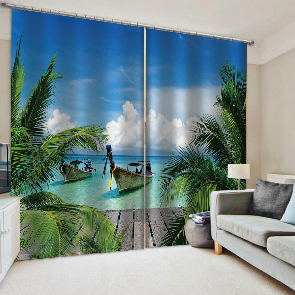 海边小清新风景窗帘客厅卧室涤沦半遮光可定制套杆窗帘成品