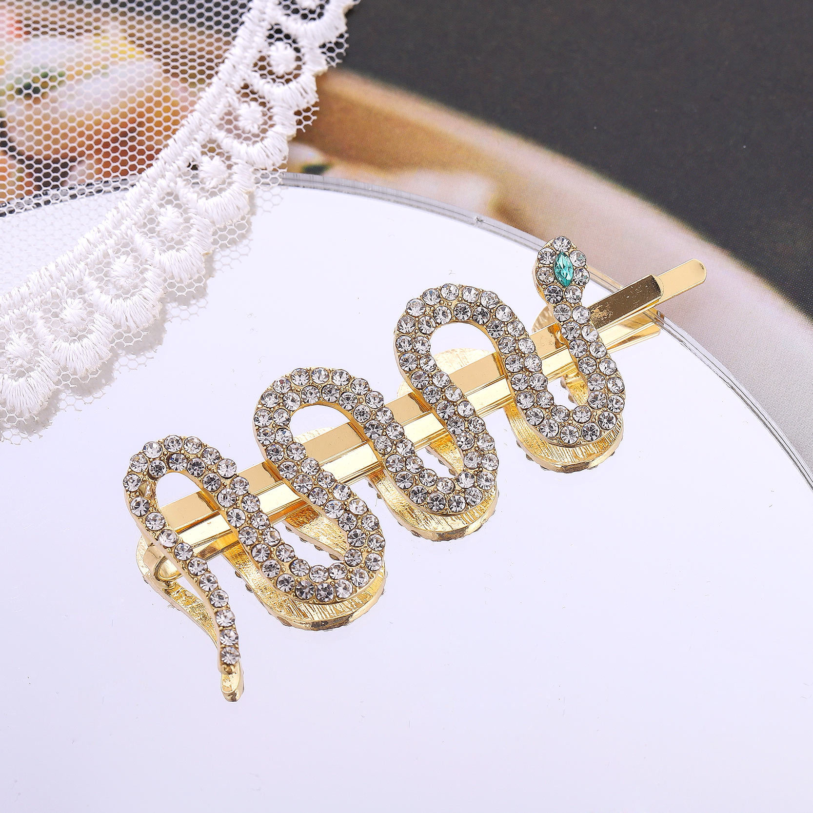 时尚新款蛇形配饰发夹 跨境欧美水钻一字夹边夹头饰发卡批发