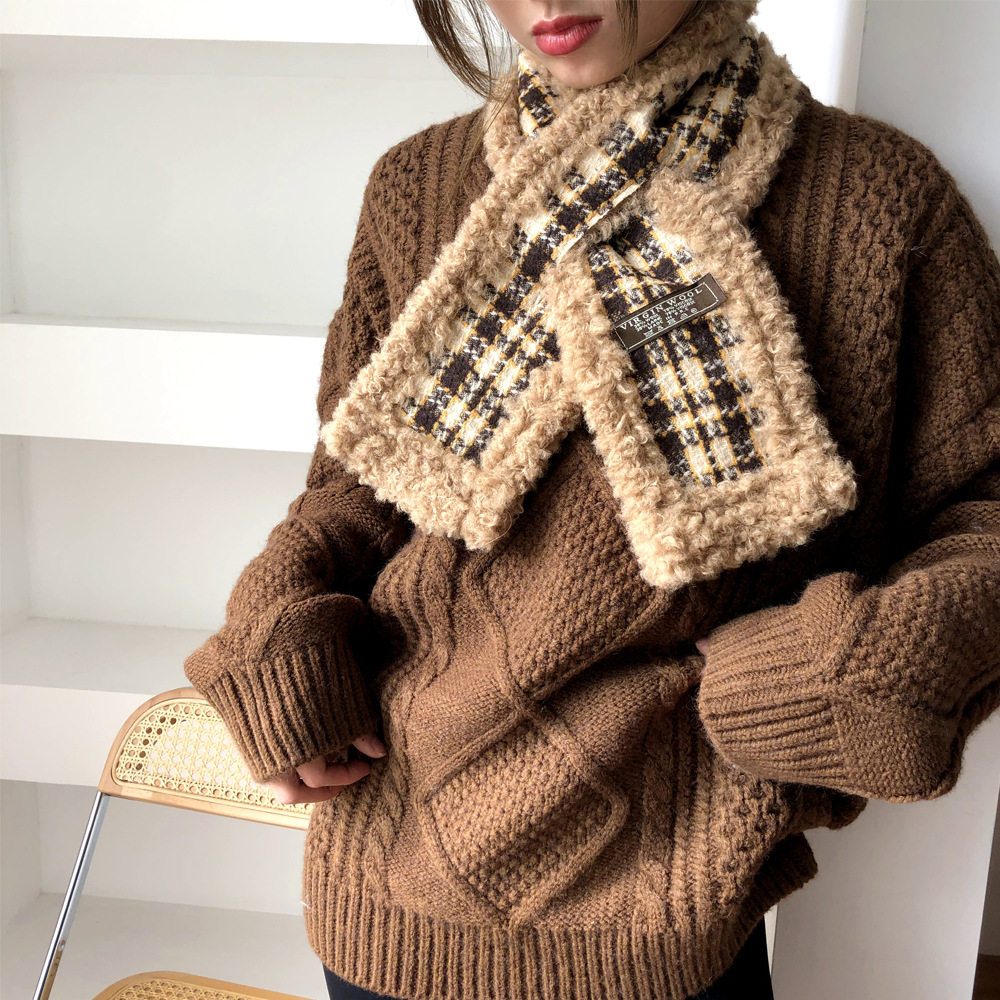 秋冬围巾日式毛绒围巾交叉围脖濑兔毛韩版ins毛毛围巾冬日保暖