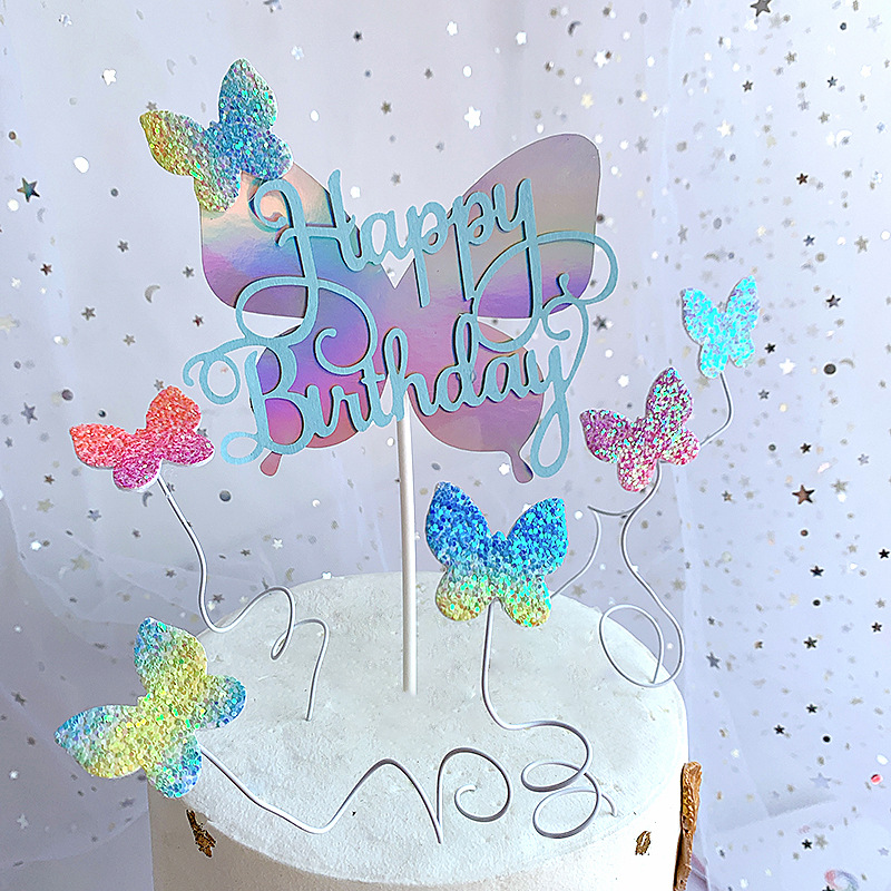 Creative Butterfly Cake Decoration Gradient Color Non-Woven Fabric Cake Inserting Card Dessert Table Happy Birthday Topper for Baking