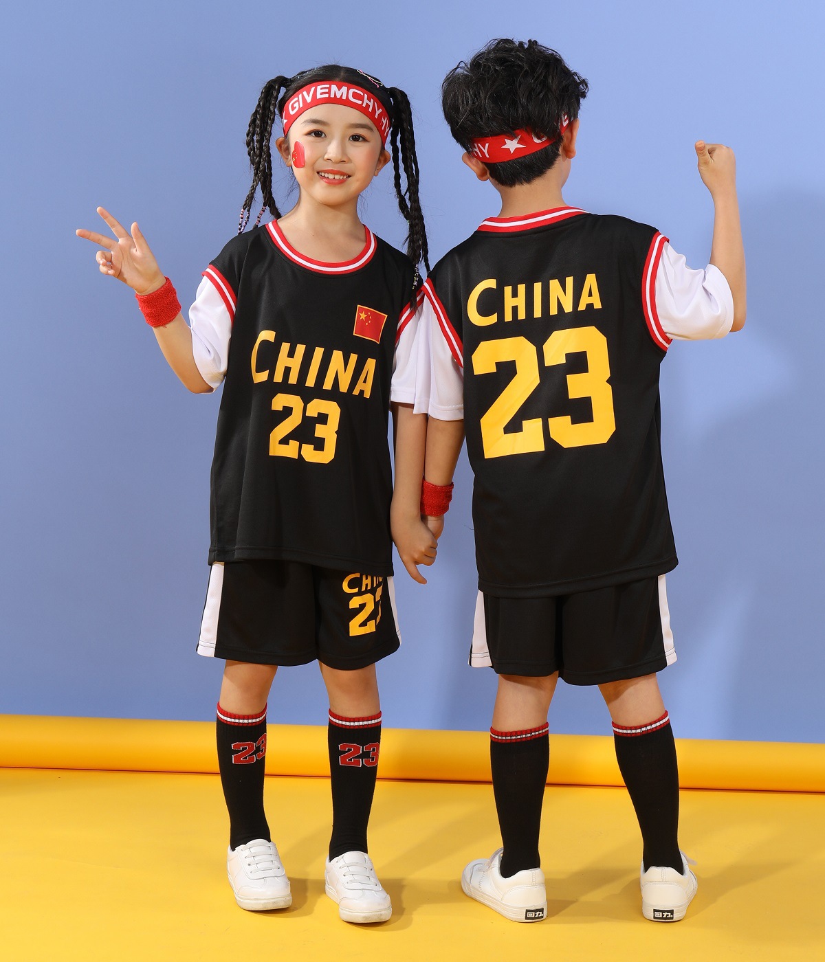 中国队球衣儿童篮球服套装男童女孩学生表演服23号短袖假两件套装