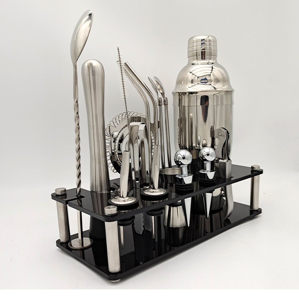 新品17件套日式不锈钢调酒器鸡尾酒套装亚克力支架酒吧工具吸管版