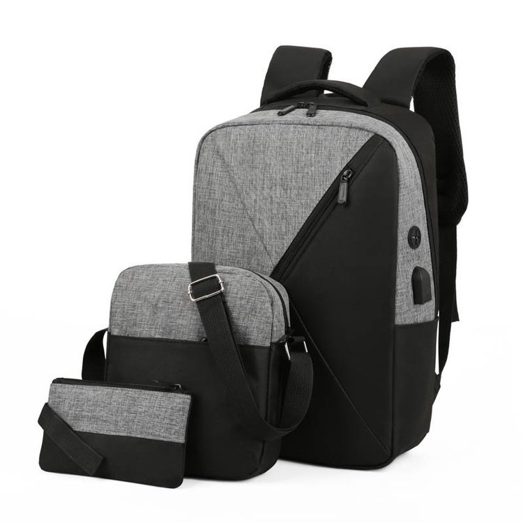 USB Rechargeable Backpack Oxford Cloth Stitching Simple Business Schoolbag Computer Bag Foreign Trade Three-Piece Backpack New