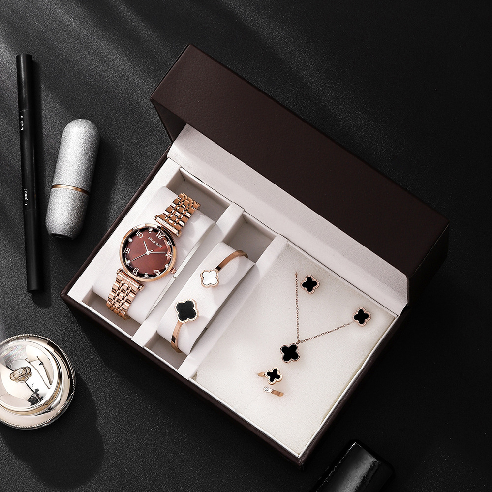 5件套高档手表礼盒 优雅女士精钢防水腕表不锈钢精美首饰情人礼品