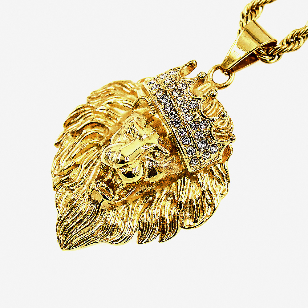 欧美跨境热销嘻哈风格钛钢镀金皇冠狮子头吊坠项链