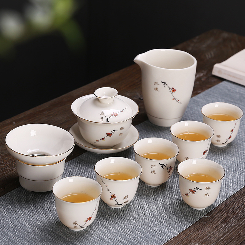 羊脂玉茶具套装盖碗家用泡茶器具功夫茶具白玉瓷中秋礼品茶具定制