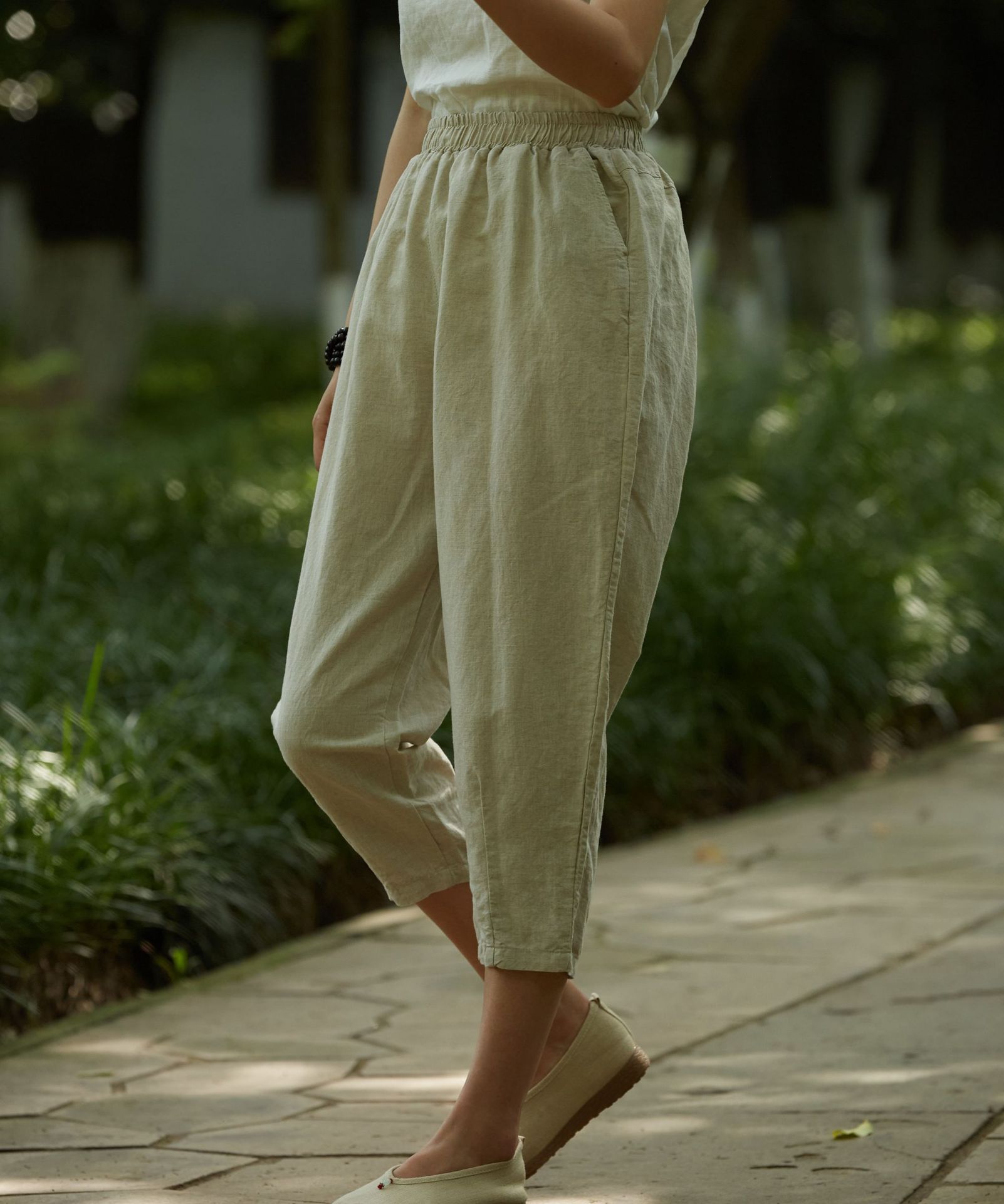 夏季苎麻新款哈伦裤女麻料薄款显瘦萝卜裤棉麻裤子九分宽松亚麻裤