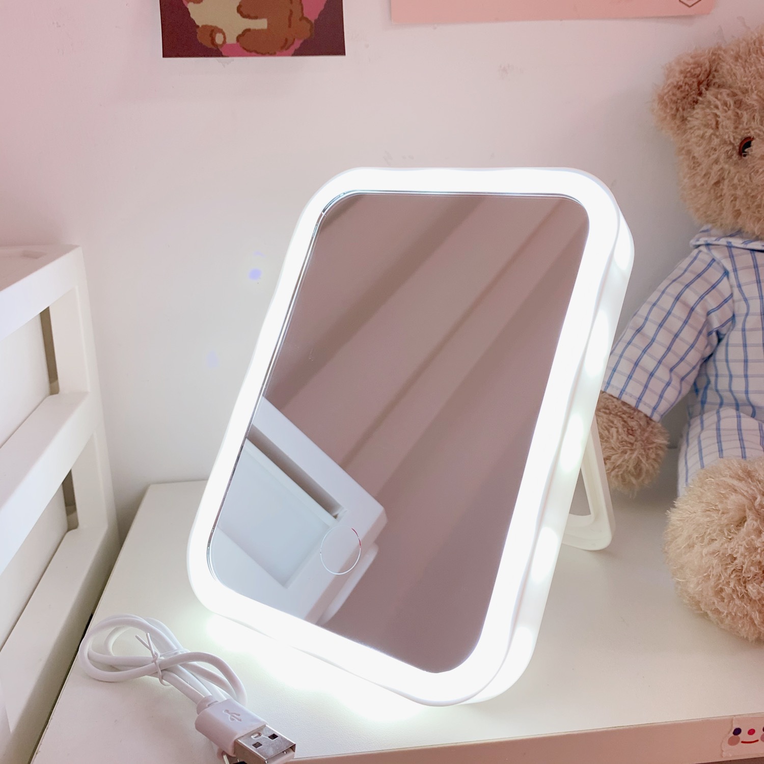 Japanese Cute Desktop Makeup Mirror with Light Led Large Internet Celebrity Cosmetic Mirror Foldable and Portable Makeup Mirror