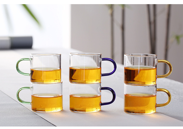 批发高硼硅彩色把手小杯子 透明耐高温彩色手柄迷你玻璃杯120ml