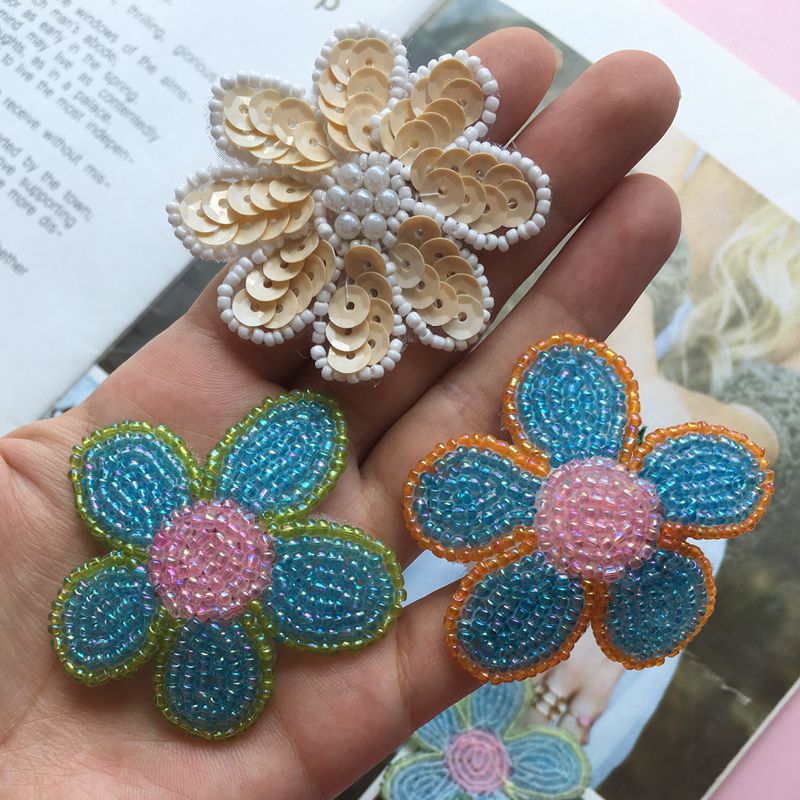 手工编织网纱布钉珠花朵串珠米珠亮片花包包帽子鞋子辅料装饰布贴