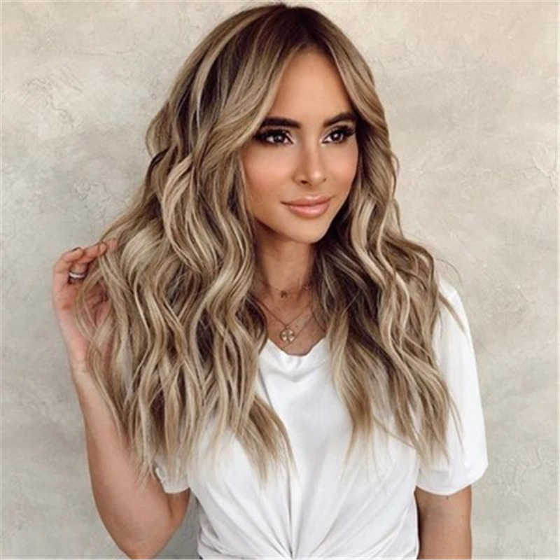 外贸欧美女长发棕色漂染渐变中分刘海长卷发大波浪假发 一件代发