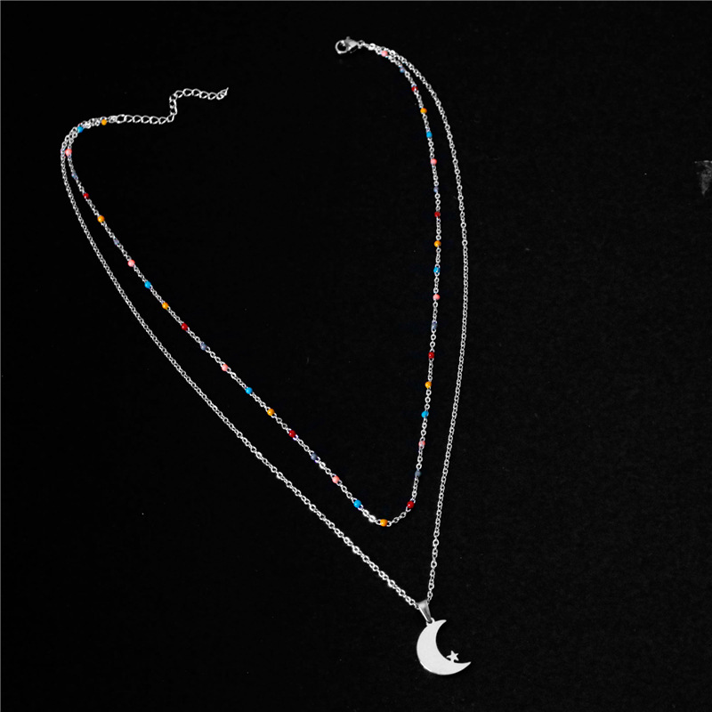 Japanese and Korean-Style Simple Titanium Steel Moon Necklace Women's Stainless Steel Oil Dripping Double-Layer Chain Star Moon Clavicle Chain Birthday Gift Wholesale