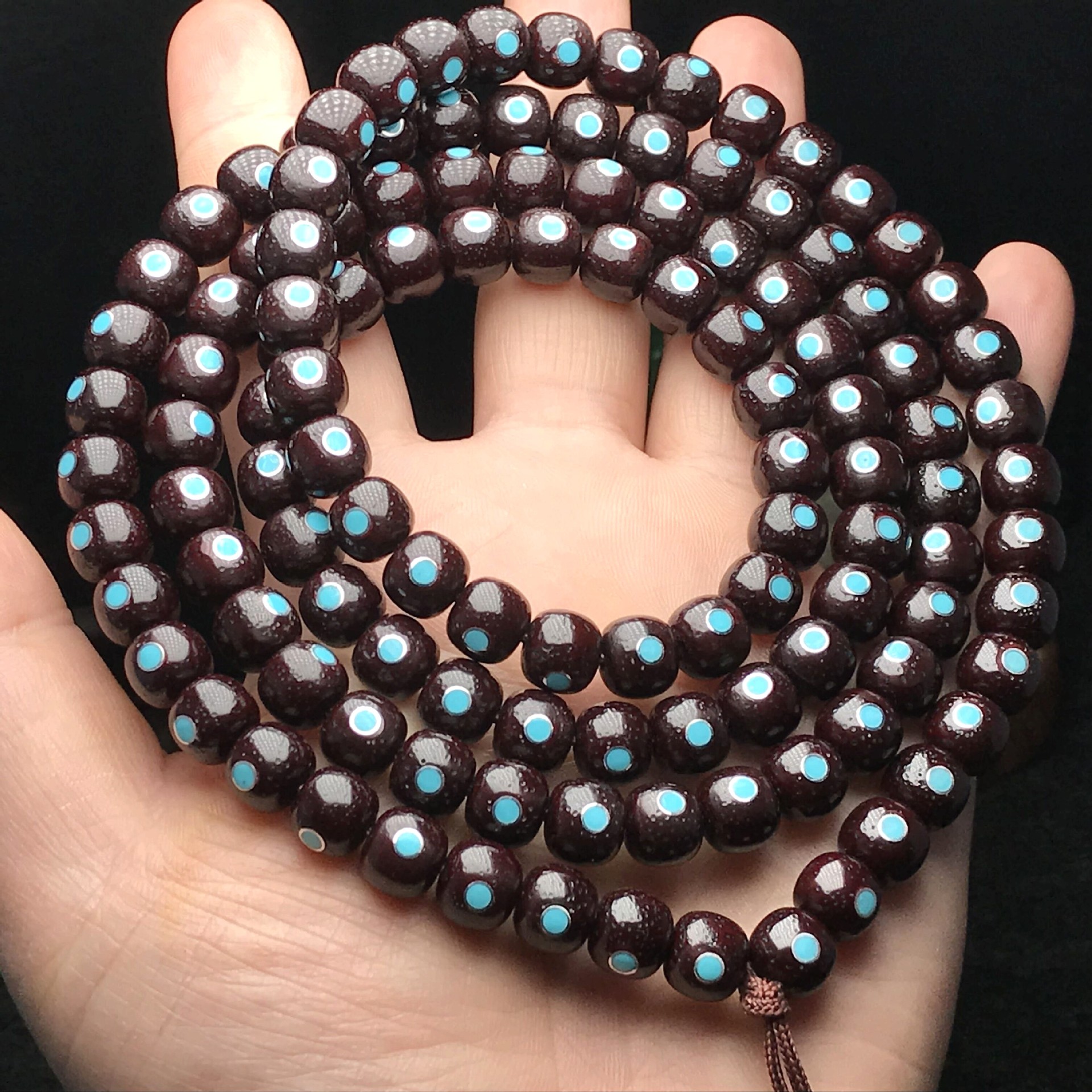 藏传古法朱砂供星月菩提108镶嵌绿松石多宝 老桶型星月菩提子手链