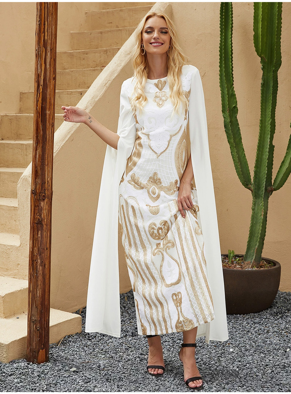 s027白色长袖金色定位刺绣中东 礼服 长袍 abaya 跨境亚马逊