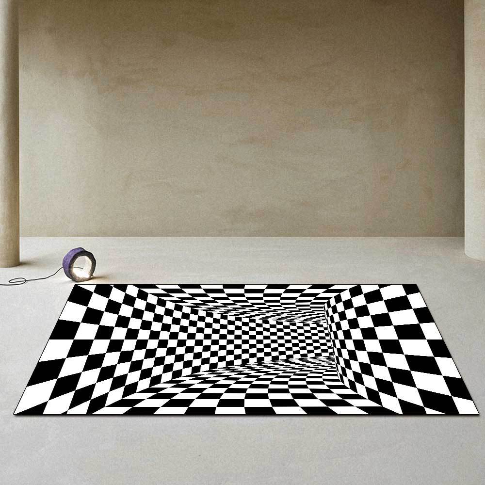跨境现代时尚简约黑白格子3d立体空间客厅卧室床边地毯地垫定制