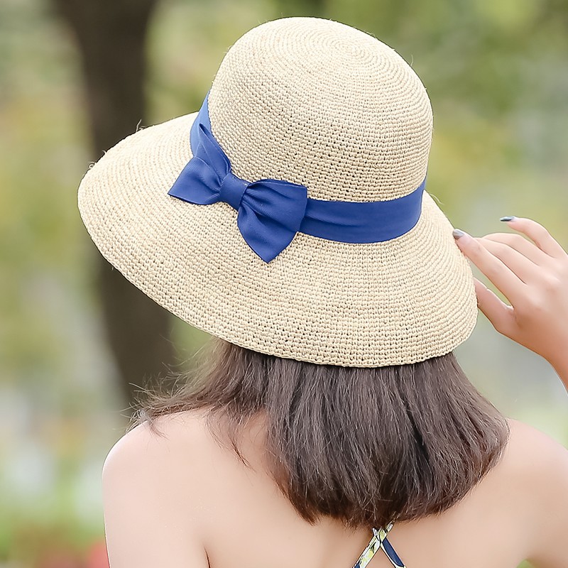 拉菲草帽子女夏天遮阳帽大檐卷边遮脸防晒韩版百搭凉冒出游沙滩帽