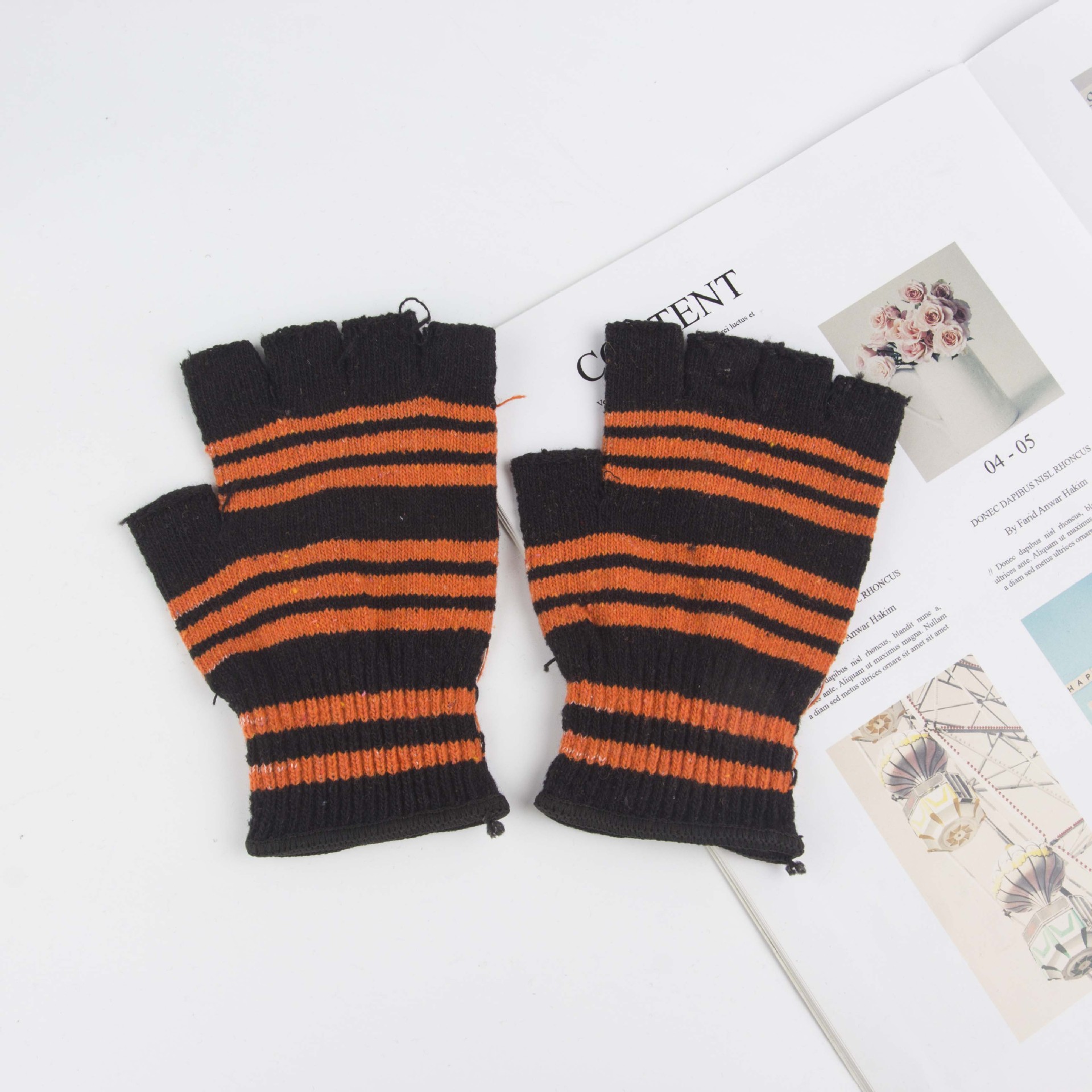 男士半指手套条纹锁边露指手套大丙纱透气手套