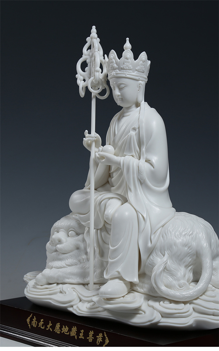 微美13吋骑兽地藏王菩萨像家用供奉戴帽地藏佛像居家陶瓷器摆件