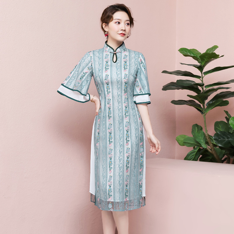 2020女新款春夏荷叶倒大袖女裙立领改良旗袍复古奥黛如意襟连衣裙