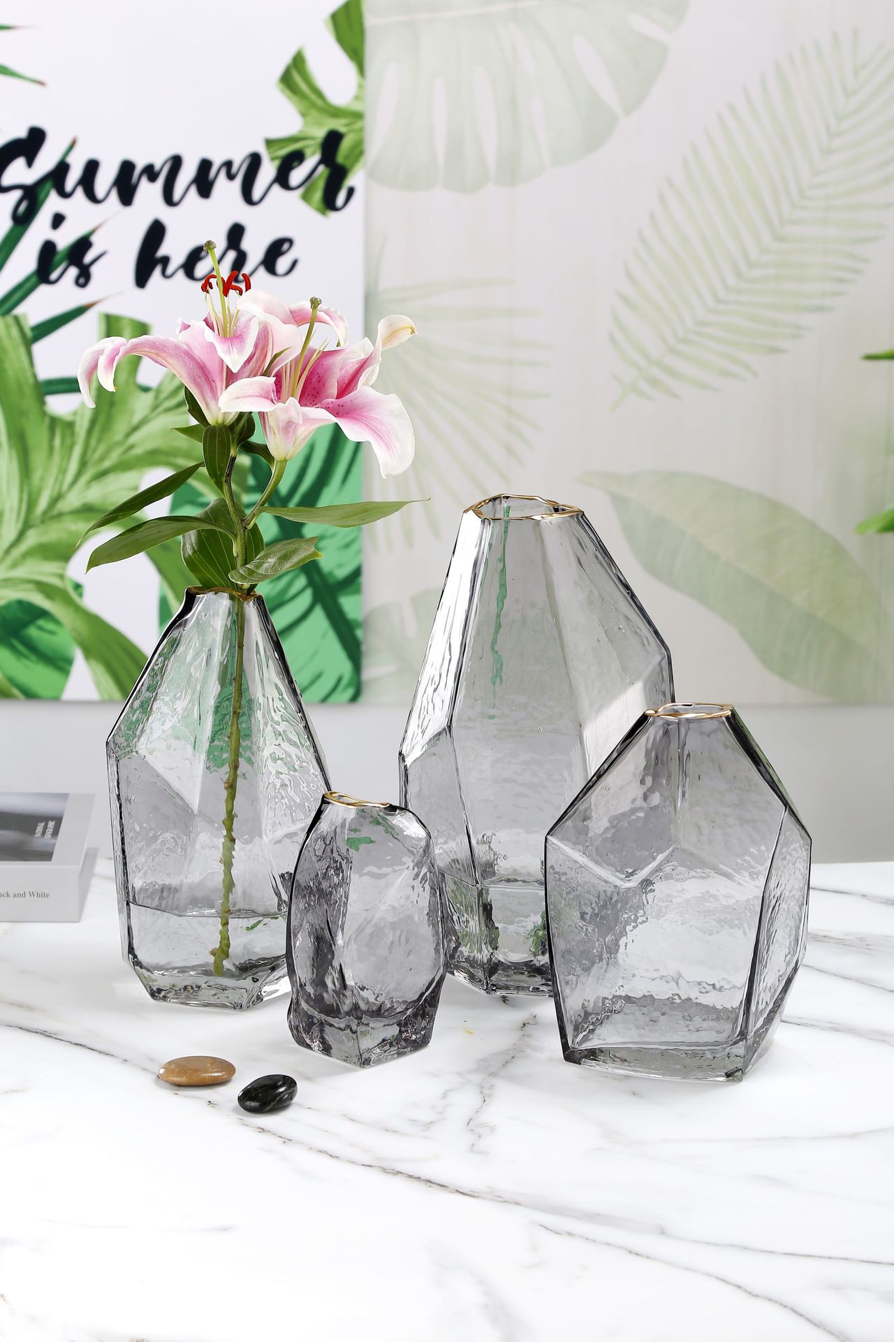 彩色多边型锤纹不规则透明玻璃花瓶简约个性花瓶家居装饰摆件