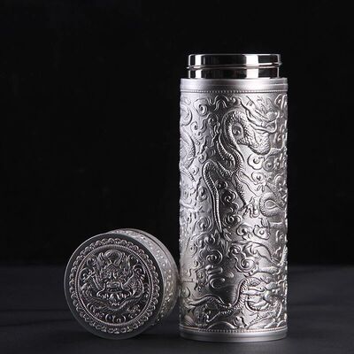 九龙足银保温杯纯浮雕九龙银杯s999内胆度银离子保健杯套装礼品杯