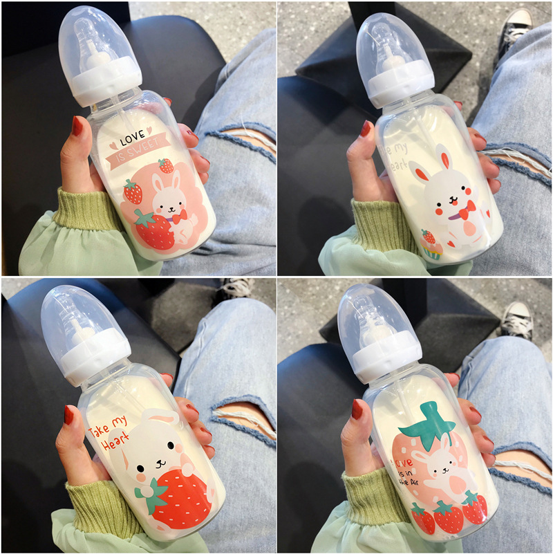 Cute Adult Baby Bottle Water Cup Strawberry Rabbit Straw Nipple Glass Cup Girl Heart Student Korean Tumbler Cute