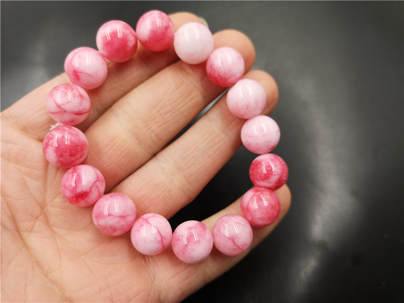 平价玉器 新款12毫米粉色桃花玉圆珠手链 女款桃花石玉手串