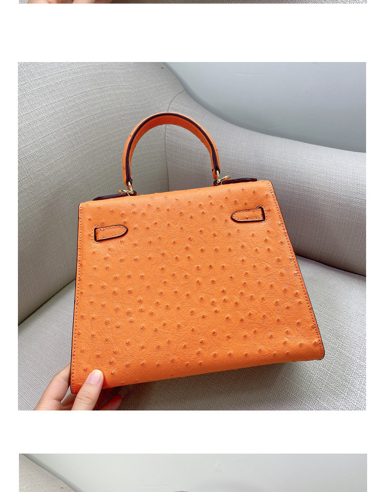 2020新款欧洲站高级感真皮鸵鸟纹凯莉包时尚百搭单肩斜挎手提女包