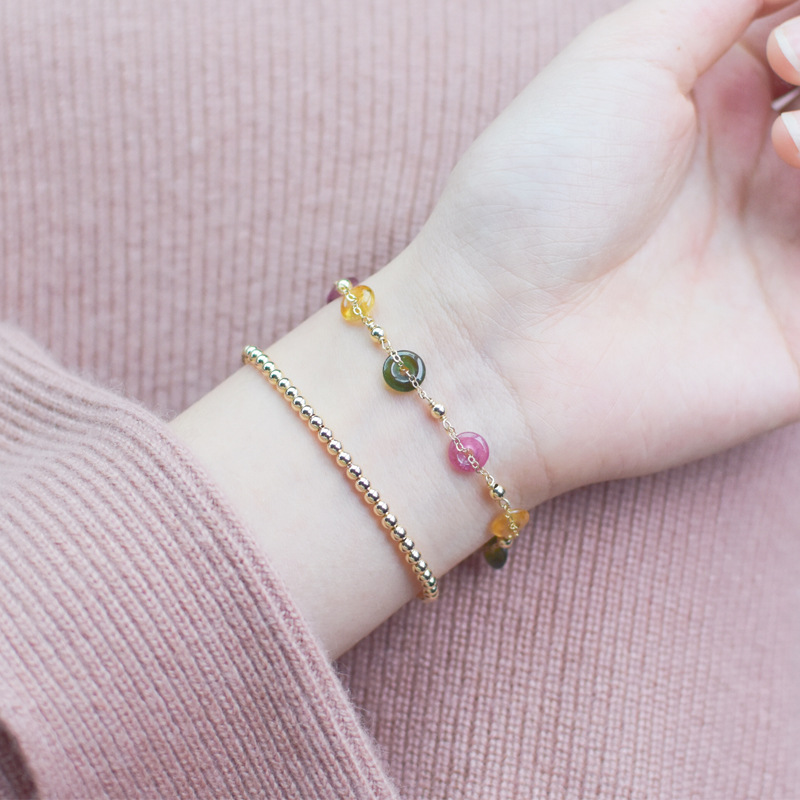 糖果色碧玺面包扣手链女款14k包金水晶手串清新时尚闺蜜礼物