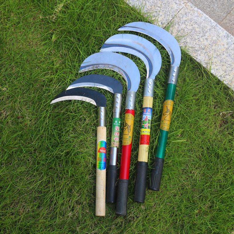 现货批发农用割草刀除草割稻割小麦收割玉米芦苇木柄锰钢月牙镰刀