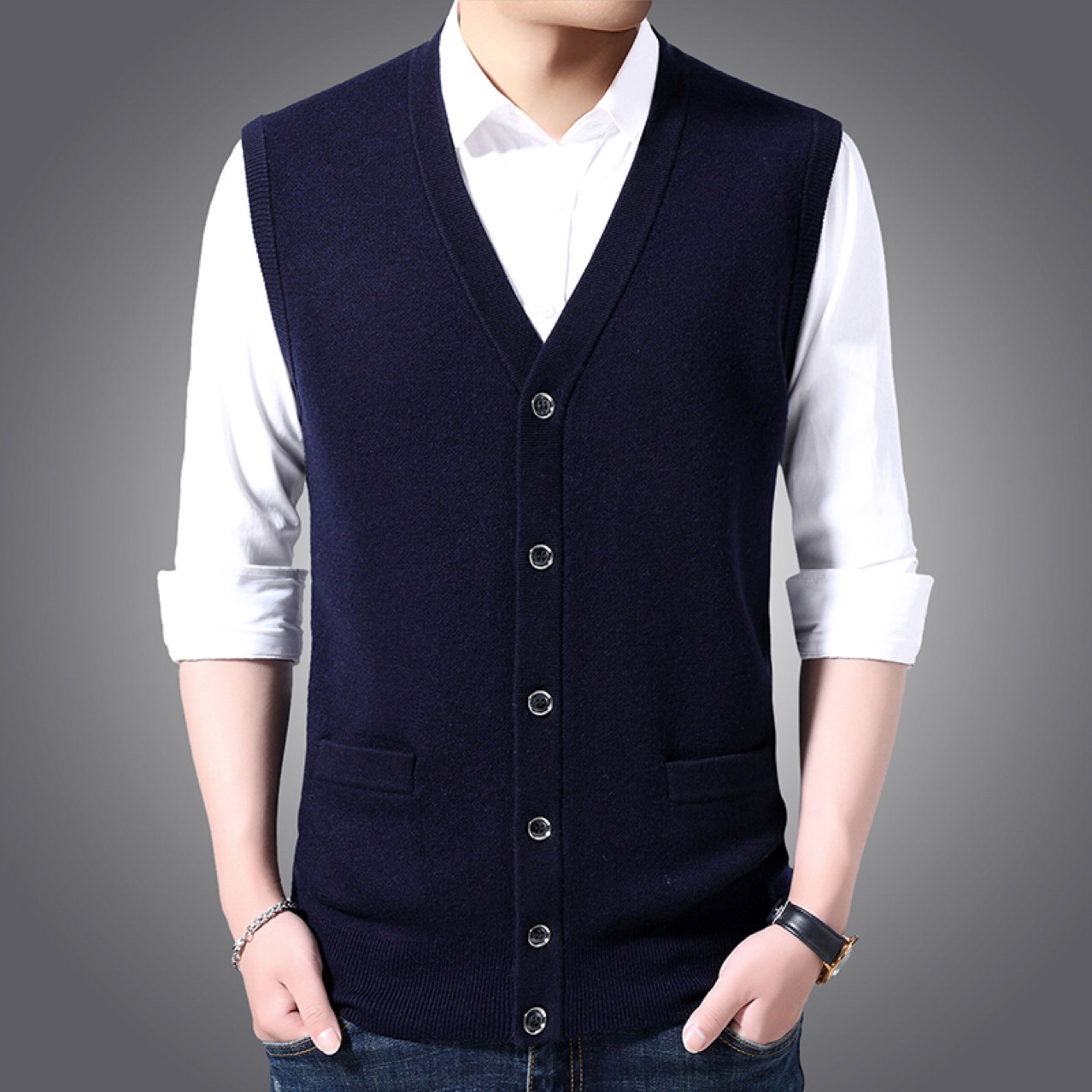 2020秋冬新款中年男针织保暖开衫背心爸爸装针织开衫毛背心男