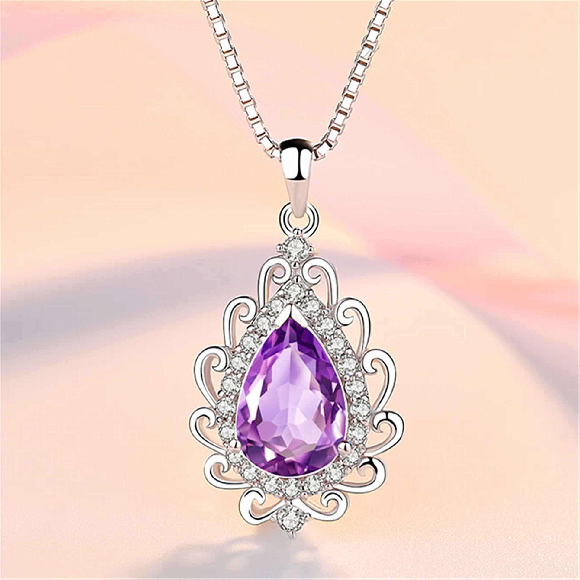 新品天然紫水晶银水滴项链女银饰银吊坠节日礼物百搭首饰代发