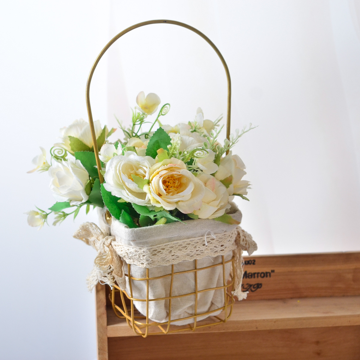 轻奢铁丝手提花篮花艺套装石榴玫瑰人造花家居亭台小院走廊装饰