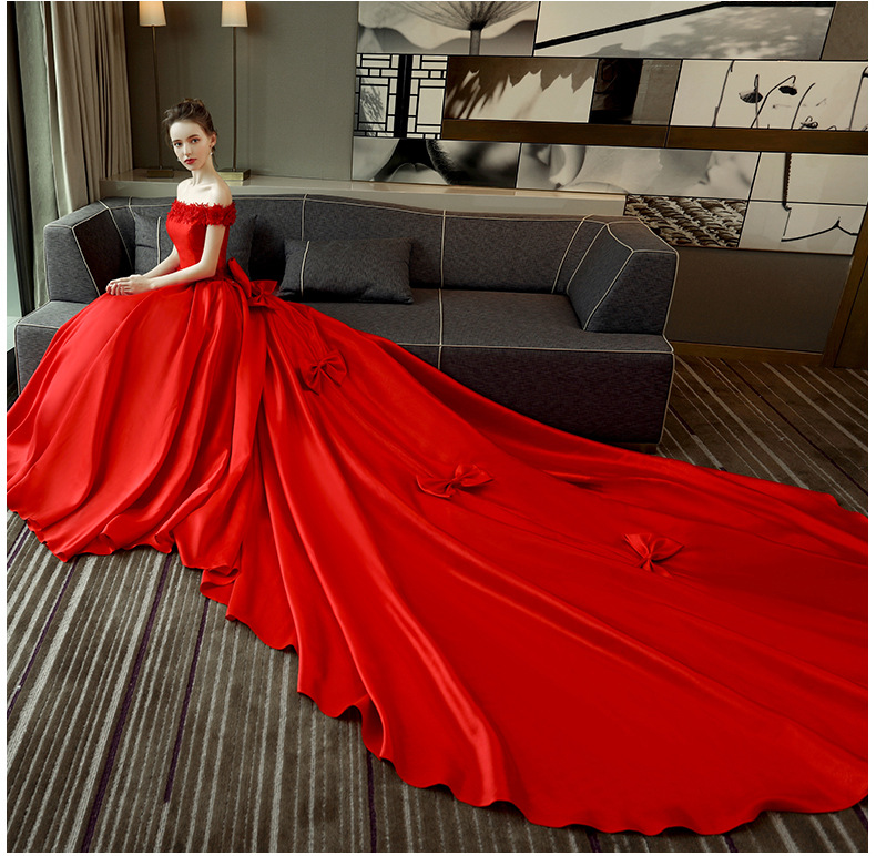 一字肩红色拖尾婚纱礼服女缎面结婚韩版公主2022夏季新款新娘婚纱