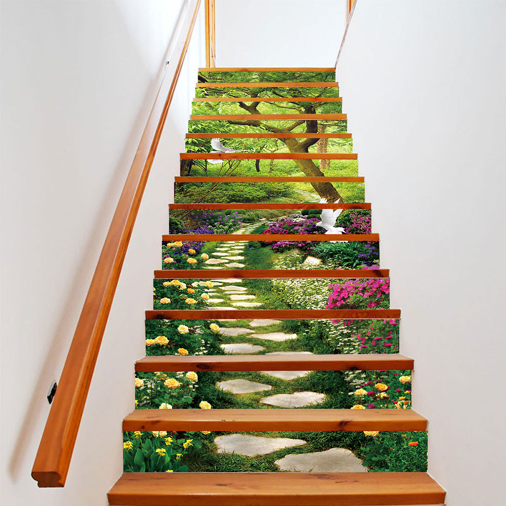 爆款公园石梯风景自然风楼梯装饰墙贴自粘可移除防水pvc装饰壁画