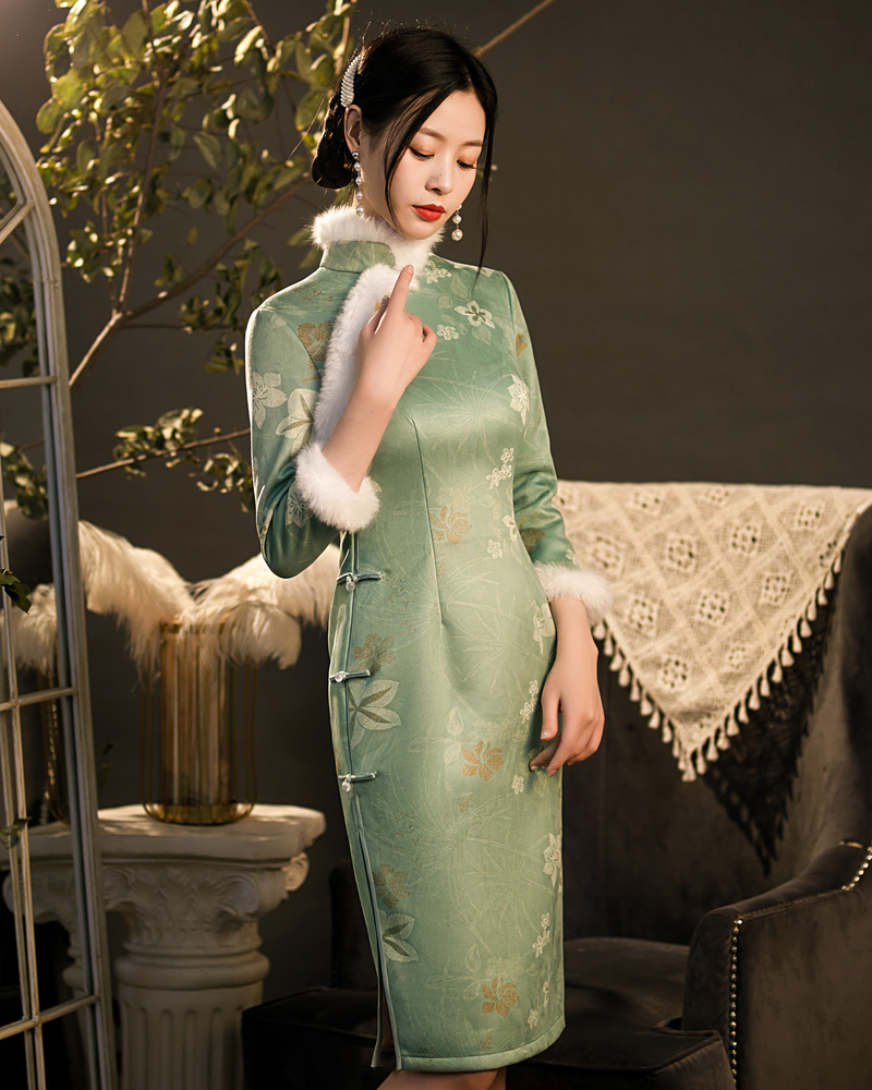 冬季加绒加厚麂皮绒旗袍裙日常聚会中长旗袍连衣裙 改良复古旗袍