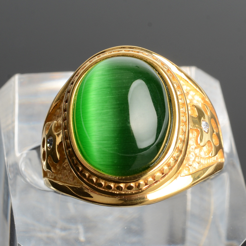 不锈钢戒指电镀土豪金仿猫眼玛瑙戒指创意男士指环 结婚饰品