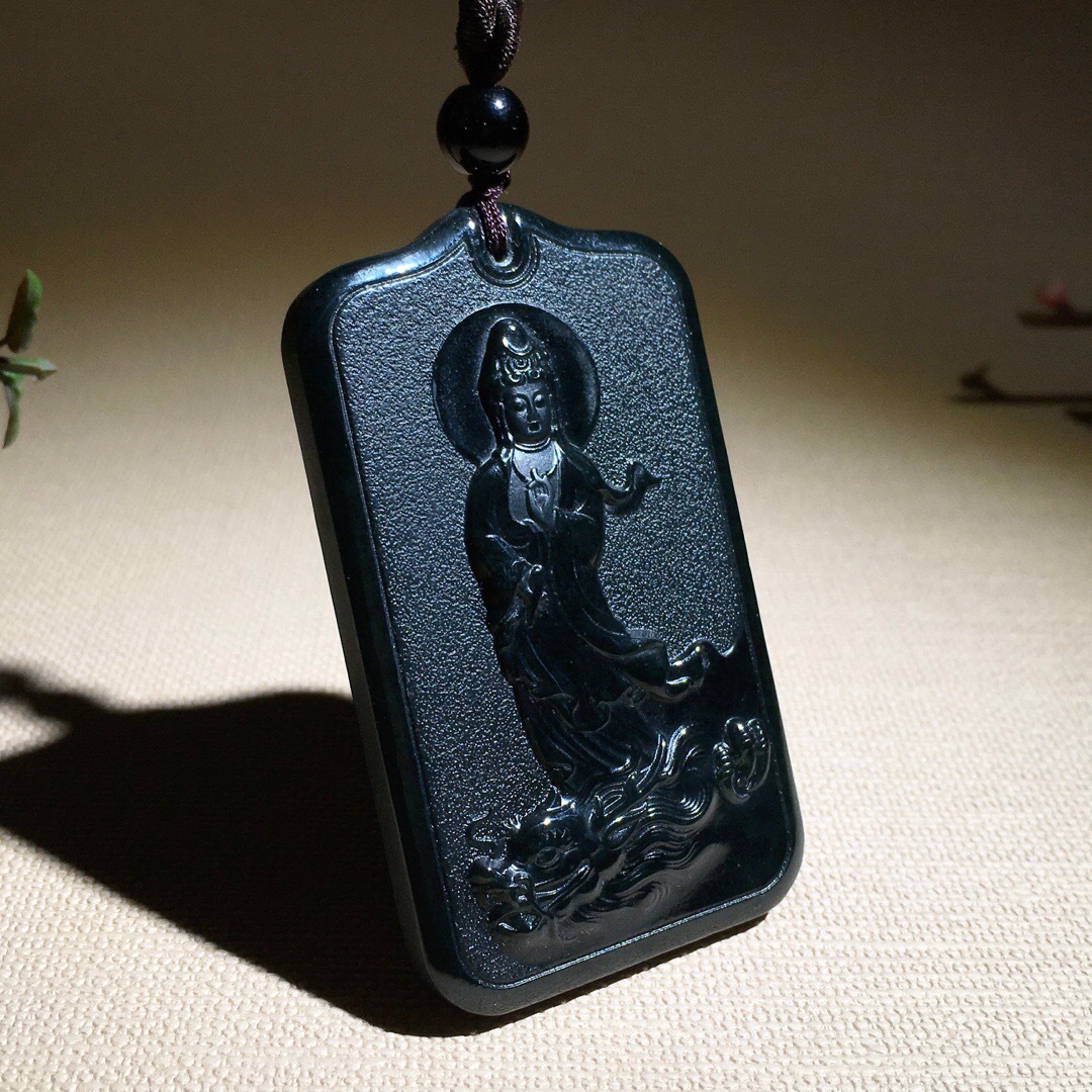 新疆塔青和田玉乘龙观音天然黑青玉降龙观音吊坠男款站观音玉牌子