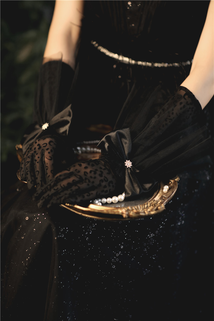 韩式黑色蕾丝中长手套蝴蝶结款礼仪晚会礼服包指拍照