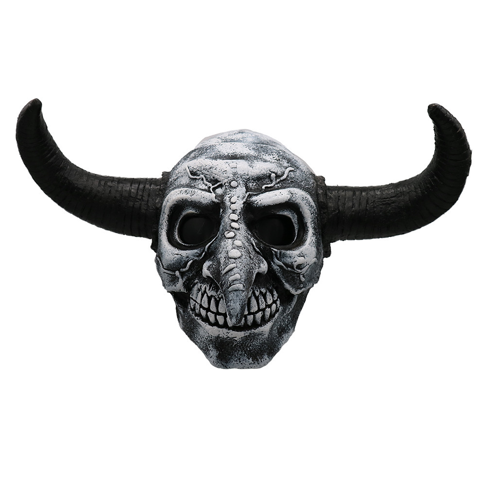 跨境热卖黑色牛角面具万圣节骷髅头恐怖乳胶头套长鼻子牛头面具