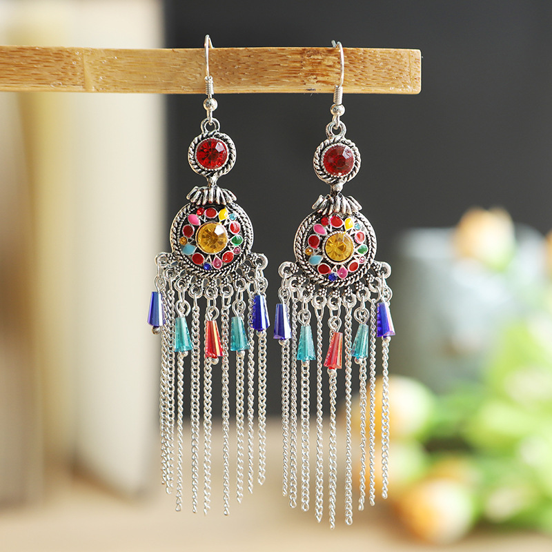 New Baroque Exotic Style round Compass Long Chinese Style Earrings Women's European and American Retro Tassel Temperamental Earrings