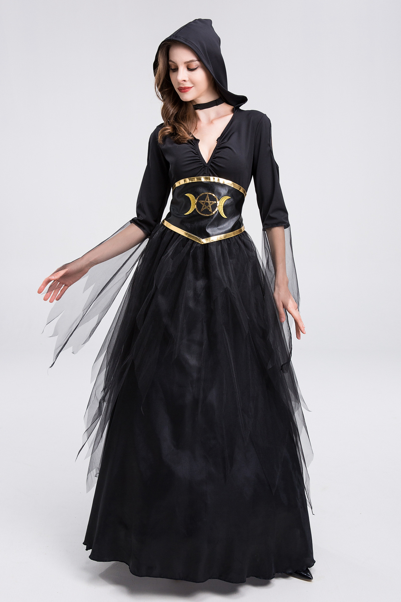 弹力万圣节女巫服长袍女巫魔女cosplay服装成人女法师角色扮演服