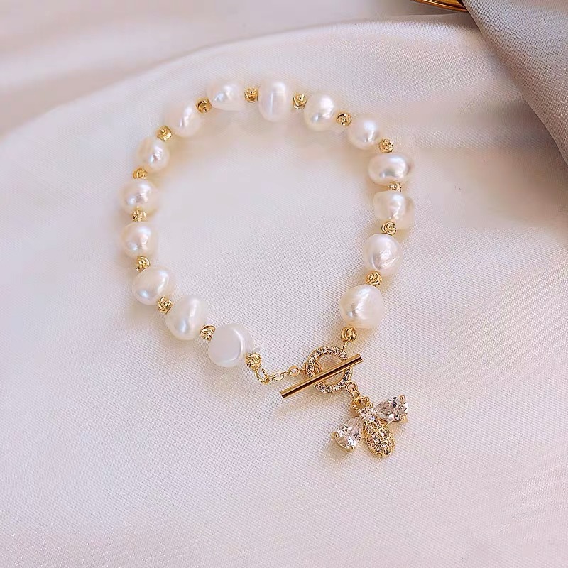 New Design Crystal Stretch Bracelet Korean Strawberry Quartz Pearl Girl Heart European and American Ins Niche Bracelet Bracelet